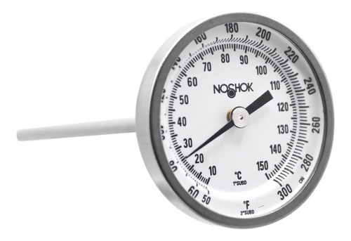Termómetro 2 pulgadas, acero inoxidable, posterior, 1/4" NPT, vástago 6", rango 50 a 300 F-C