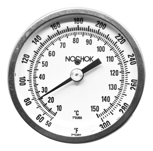 Termómetro 2 pulgadas, acero inoxidable, posterior, 1/4" NPT, vástago 9", rango 50 a 300 F-C