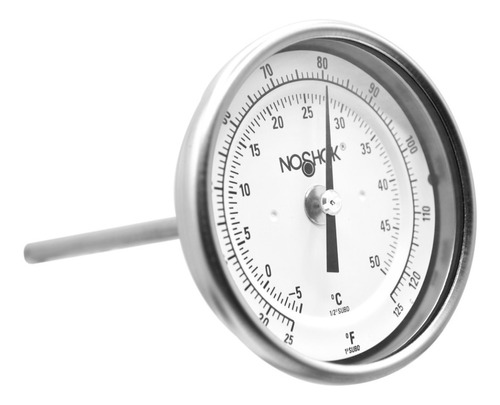 Termómetro 3 pulgadas, acero inoxidable, posterior, 1/2" NPT, vástago 6", rango 25 a 125 F-C