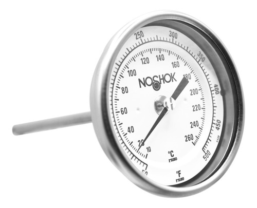 Termómetro 3 pulgadas, acero inoxidable, posterior, 1/2" NPT, vástago 9", rango 50 a 500 F-C