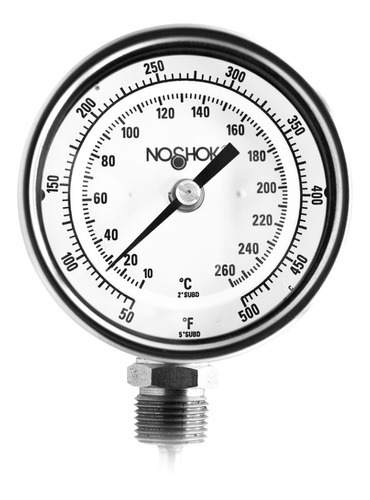 Termómetro 3 pulgadas, acero inoxidable, inferior, 1/2" NPT, con tornillo recalibrador y sello hermético, vástago 4", rango 50 a 500 F-C