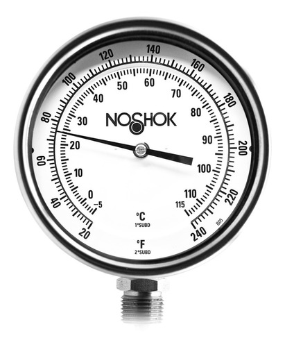 Termómetro 5 pulgadas, acero inoxidable, inferior, 1/2" NPT, con tornillo recalibrador y sello hermético, vástago 4", rango 20 a 240 F-C