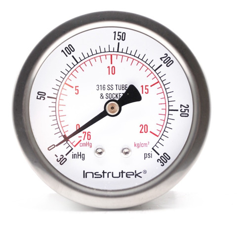 Manovacuómetro 2.5", acero inoxidable, 1/4" NPT, posterior, 30 Vac inHg-cmHg, 300 psi-kg/cm2