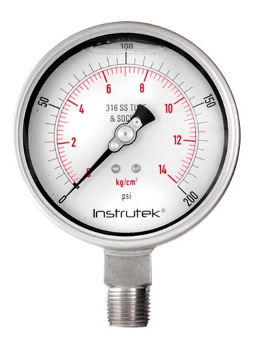 Manómetro 4", acero inoxidable, 1/2" NPT, inferior, 200 psi-kg/cm2