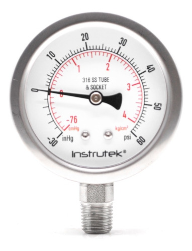 Manovacuómetro 2.5", acero inoxidable, 1/4" NPT, inferior, 30 Vac inHg-cmHg, 60 psi-kg/cm2