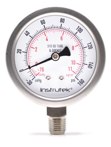 Manovacuómetro 2.5", acero inoxidable, 1/4" NPT, inferior, 30 Vac inHg-cmHg, 160 psi-kg/cm2