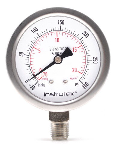 Manovacuómetro 2.5", acero inoxidable, 1/4" NPT, inferior, 30 Vac inHg-cmHg, 300 psi-kg/cm2