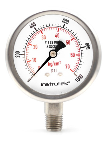 Manómetro 2.5", acero inoxidable, 1/4" NPT, inferior, 1000 psi-kg/cm2