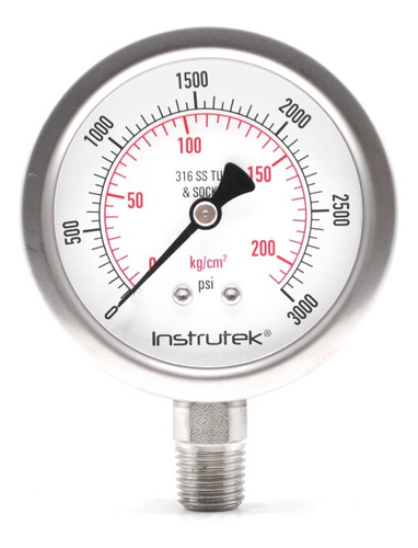 Manómetro 2.5", acero inoxidable, 1/4" NPT, inferior, 3000 psi-kg/cm2
