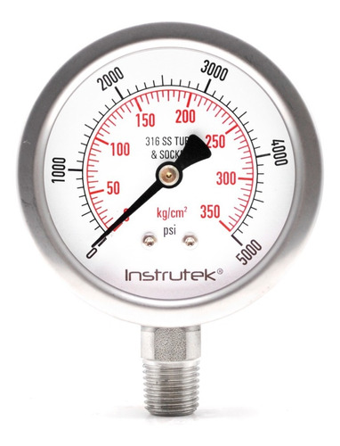 Manómetro 2.5", acero inoxidable, 1/4" NPT, inferior, 5000 psi-kg/cm2