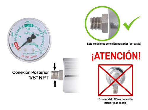 Manómetro 1.5", oxígeno medicinal, 1/8" NPT, posterior, 4000 psi-kg/cm2