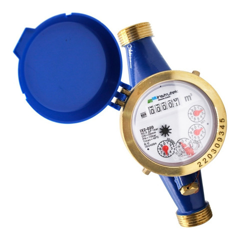 Medidor de agua tipo chorro múltiple, cuerpo de latón, extremos roscados de 3/4", incluye los conectores de latón