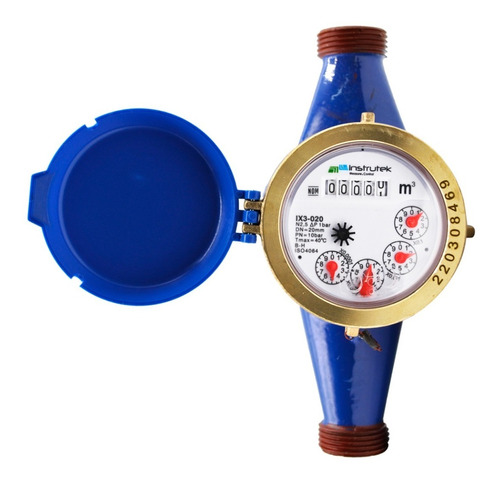 Medidor de agua tipo chorro múltiple, cuerpo de hierro, extremos roscados de 3/4", incluye los conectores de latón