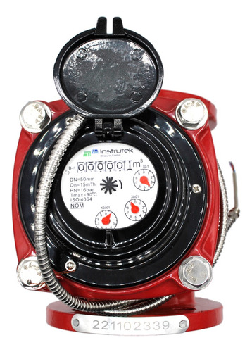 Medidor de agua caliente tipo turbina, cuerpo de hierro fundido con registro hermético y transmisión magnética. Extremos en 3", bridas ANSI.