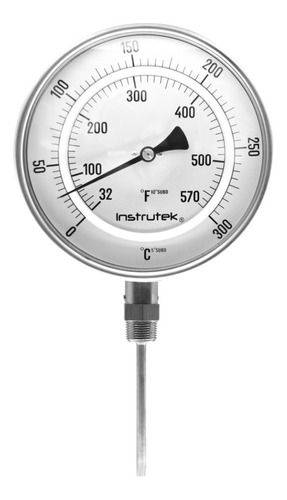Termómetro 6 pulgadas, inferior, 1/2" NPT, vástago 4", rango 0 a 300 C-F