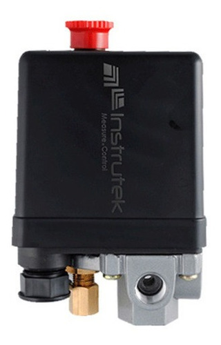 Switch de presión tipo Nema (botón rojo), con conexión de 1/4" NPT, con manifold, alimentación de 110 VCA, rango de presión 85 a 115 psi.