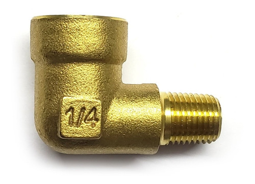 Conector en codo 90 hembra - macho, fabricado en latón (dorado) de 1/8" NPT x 1/4" NPT (M).