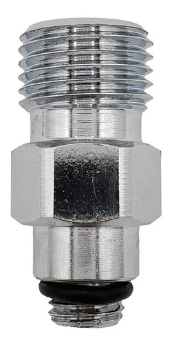 Conector de rosca fabricado en latón cromado para regulador de oxígeno medicinal. Conexión a regulador: 5/16, conexión a vaso humidificador: 9/16 NF