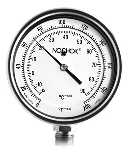 [N503001500200] Termómetro 5 pulgadas, acero inoxidable, inferior, 1/2" NPT, con tornillo recalibrador y sello hermético, vástago 15", rango 0 a 200 F-C