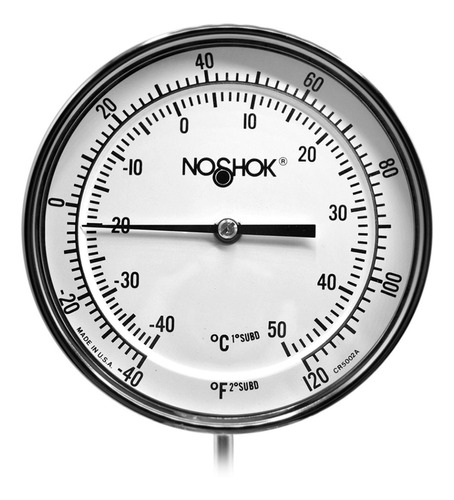 [N5032009040120] Termómetro 5 pulgadas, acero inoxidable, ángulo variable, 1/2" NPT, con tornillo recalibrador y sello hermético, vástago 9", rango -40 a 120 F-C
