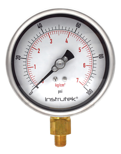 [100400100] Manómetro 4", lleno de líquido premium, 1/4" NPT, inferior, 100 psi-kg/cm2