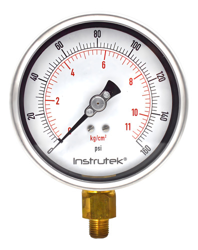 [100400160] Manómetro 4", lleno de líquido premium, 1/4" NPT, inferior, 160 psi-kg/cm2