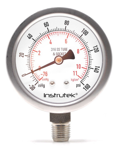[6350030VAC160] Manovacuómetro 2.5", acero inoxidable, 1/4" NPT, inferior, 30 Vac inHg-cmHg, 160 psi-kg/cm2