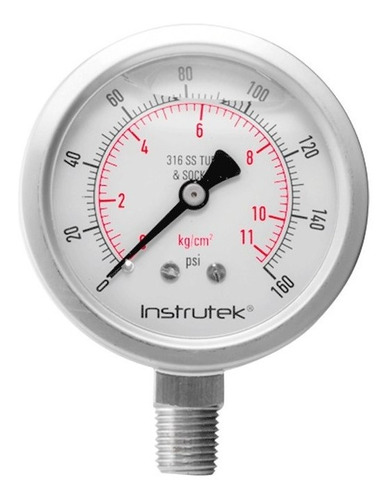 [63500160] Manómetro 2.5", acero inoxidable, 1/4" NPT, inferior, 160 psi-kg/cm2