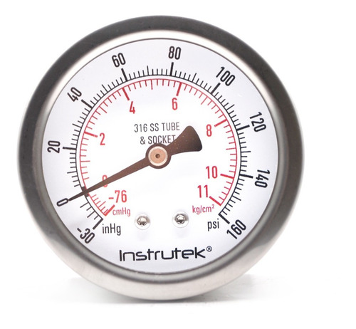 [6351030VAC160] Manovacuómetro 2.5", acero inoxidable, 1/4" NPT, posterior, 30 Vac inHg-cmHg, 160 psi-kg/cm2