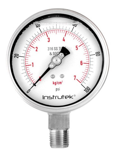 [100500100] Manómetro 4", acero inoxidable, 1/2" NPT, inferior, 100 psi-kg/cm2