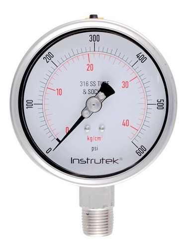[100500600] Manómetro 4", acero inoxidable, 1/2" NPT, inferior, 600 psi-kg/cm2