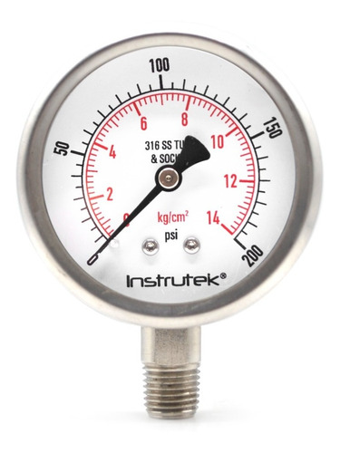 [63550200] Manómetro 2.5", acero inoxidable, 1/4" NPT, inferior, 200 psi-kg/cm2