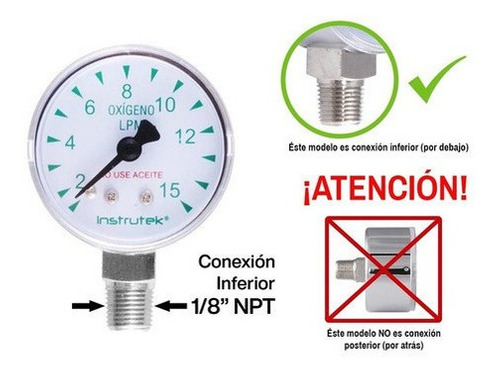 [4065015] Manómetro 1.5", oxígeno medicinal, 1/8" NPT, inferior, 15 lpm