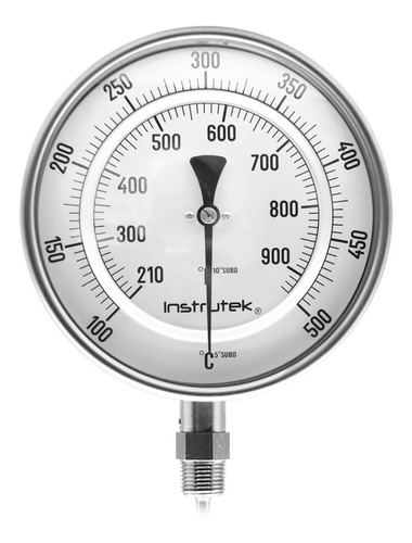 [60100090100500] Termómetro 6 pulgadas, inferior, 1/2" NPT, vástago 9", rango 100 a 500 C-F