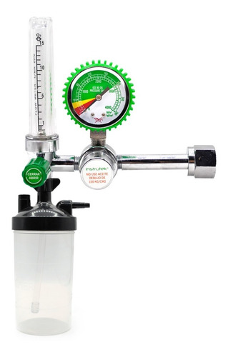 [OXRP] Regulador / inhalador de oxígeno medicinal tipo pistón tuerca CGA540, con medidor de flujo, manómetro y vaso humidificador.