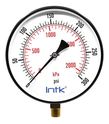 [INTK200100300] 8" Standard, dry, pressure gauge, black steel case, 1/2" NPT, bottom connection, 0 to 300 psi-kPa