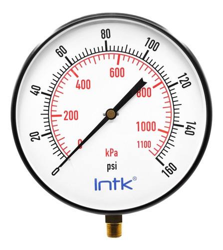 [INTK250100160] 10" Standard, dry, pressure gauge, black steel case, 1/2" NPT, bottom connection, 0 to 160 psi-kPa