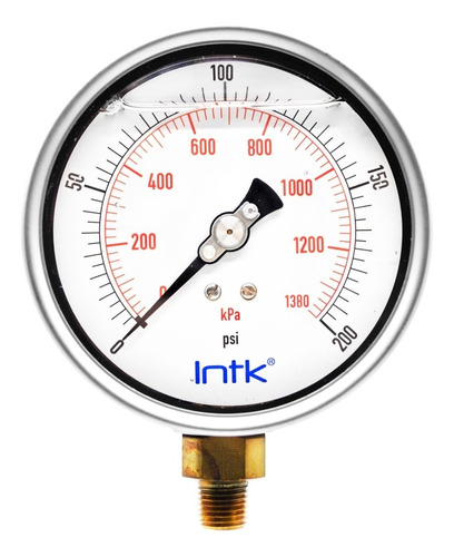 [INTK100300200] 4” Liquid filled (O.E.M.), pressure gauge, 1/4” NPT, bottom connection, 0 to 200 psi-kPa